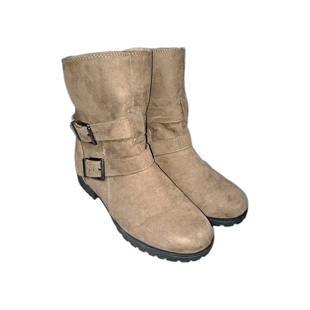 Brash Winter Snow Boots Womens 8.5 Beige Suede Round Toe Buckle Faux Fur